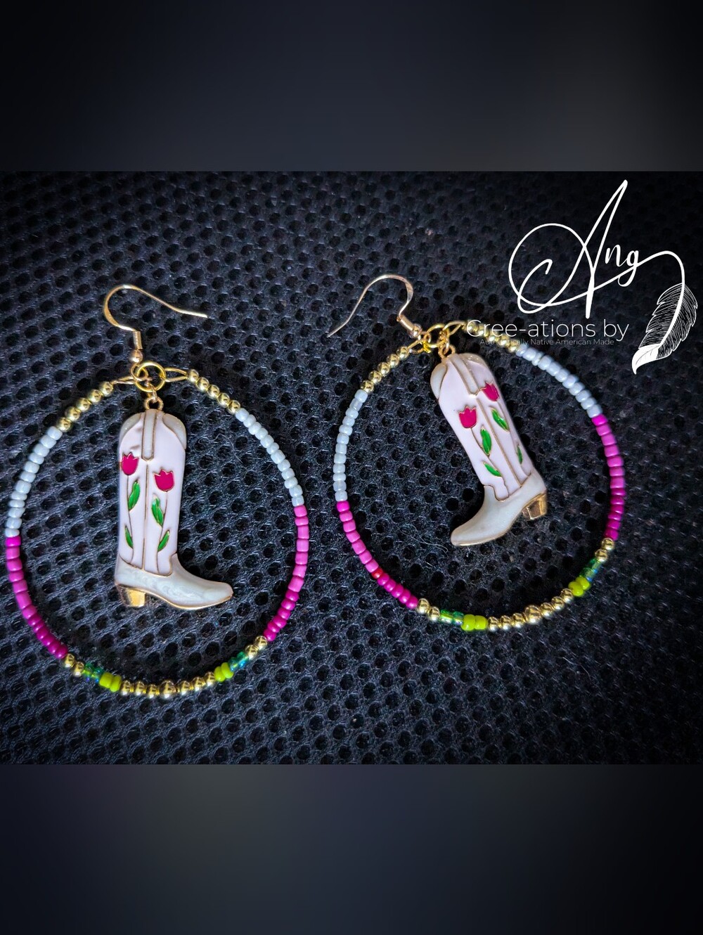 Beaded Hoop Earrings with White Cowboy Boot Charms and Pink Tribal Style Tulips